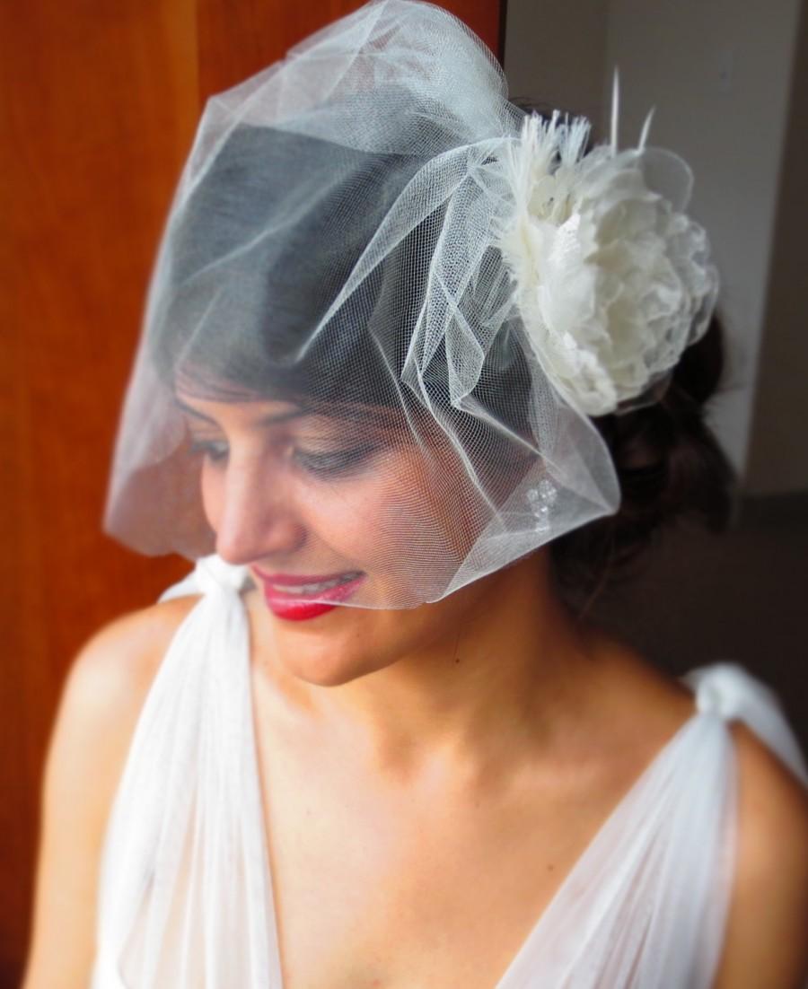 Hochzeit - Wedding Veil - Poufy Tulle Birdcage veil with scallop edge / Mini birdcage illusion veil / Blusher tulle veil in ivory or white