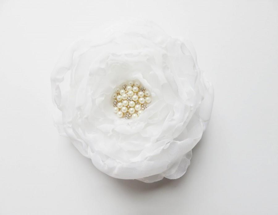 Mariage - Chiffon floral bridal wedding white pearls brooch hair comb accessory for bride flower bridesmaid satin organza