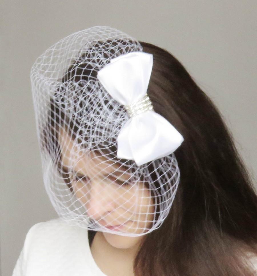 Hochzeit - White satin bow wedding decorative haircomb veil/bridal hair accessories for brides/transparent hair comb/rhinestone applique/french netting