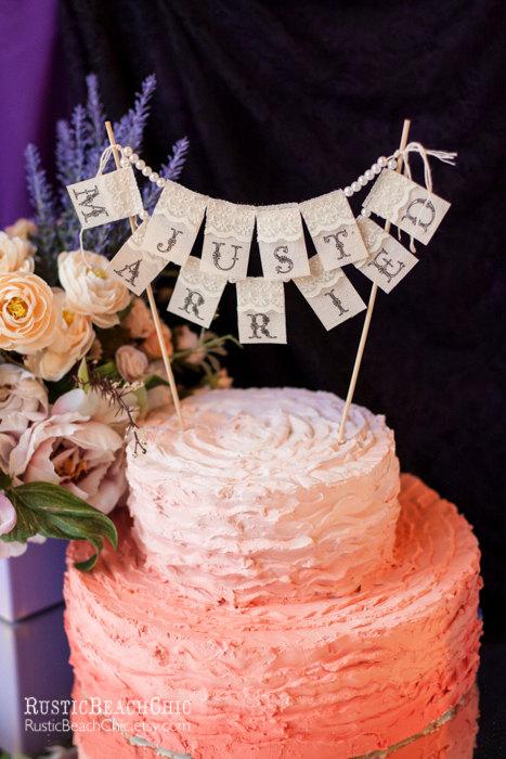 Mariage - Lace Cake Topper Just Married Wedding Banner/ Burlap, lace and pearls, Vintage look