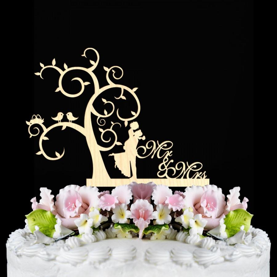 Mariage - Rustic Wedding Cake Topper, Rustic Wedding Decor, mr and mrs cake topper, Country Wedding, Wooden tree bird Cake Toppers, funny cake topper