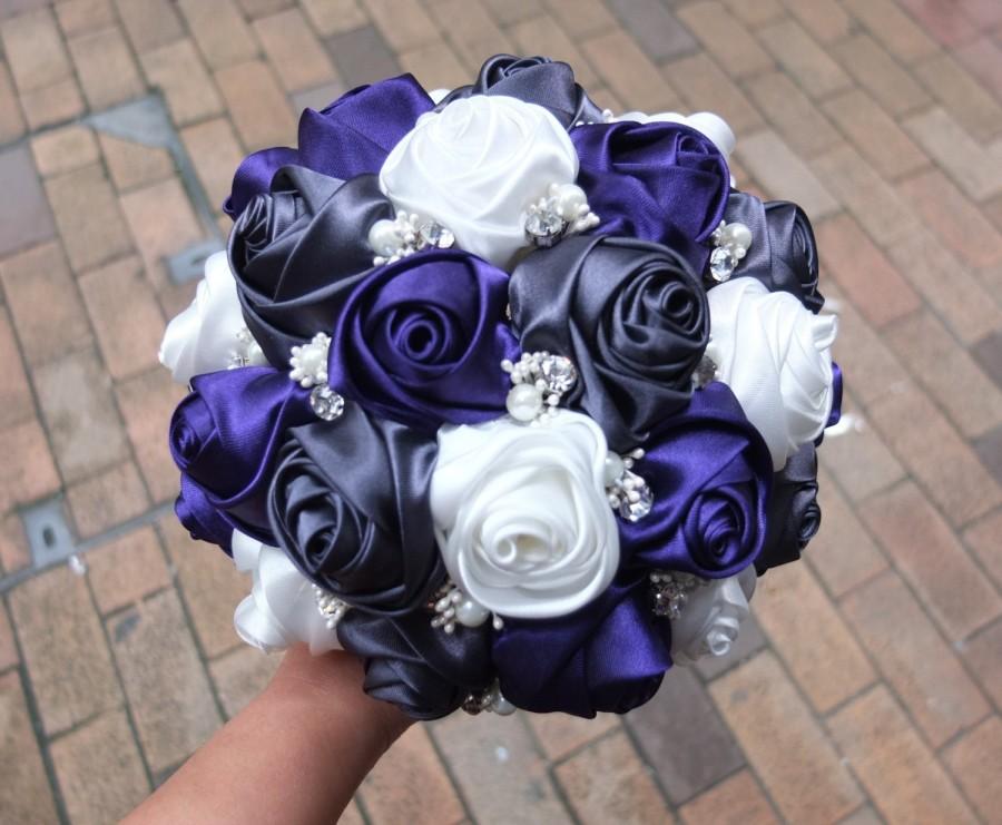 زفاف - Handmade Satin Rose Bouquet, Purple, Dark Gray and White Satin Rose, accented with rhinestone (Medium, 7 inch)