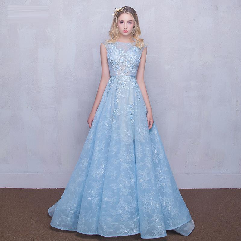 زفاف - Elegant New Long Fashion Sheer Mesh Lace Appliques Blue Prom Party Evening Bridesmaid Formal Dresses For 2016