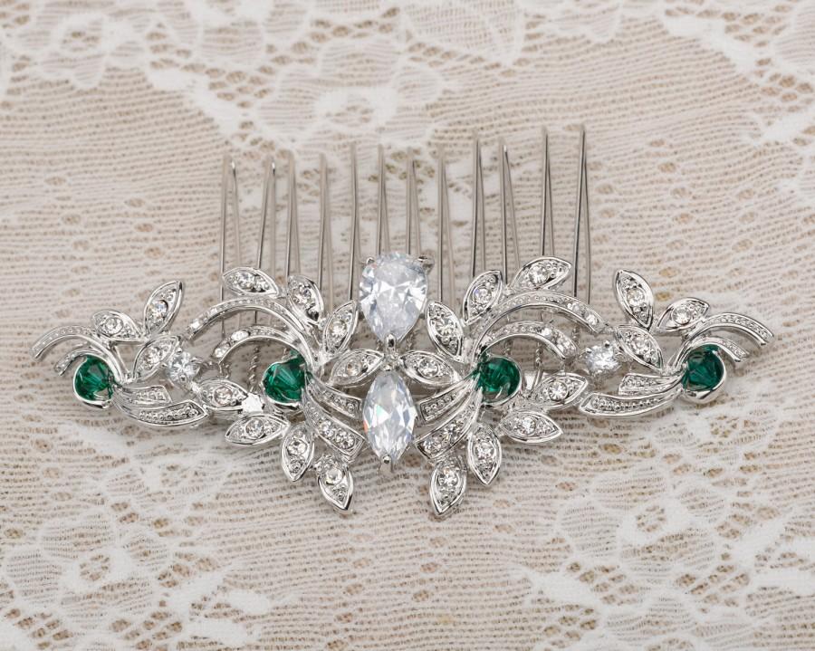 زفاف - Wedding Hair Comb with zircon and emerald crystals,CZ wedding hair comb, crystal bridal comb,  hairpiece, Evening Star hair, emerald wedding