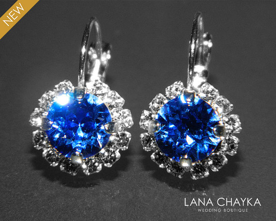Hochzeit - Sapphire Halo Crystal Earrings Swarovski Blue Rhinestone Earrings Hypoallergenic Leverback Earrings Royal Blue Cobalt Bridesmaid Jewelry