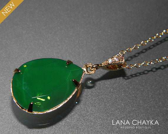 زفاف - Palace Green Opal Gold Necklace Swarovski Green Opal Rhinestone Necklace Green Teardrop Crystal Necklace Dark Green Opal Wedding Necklaces