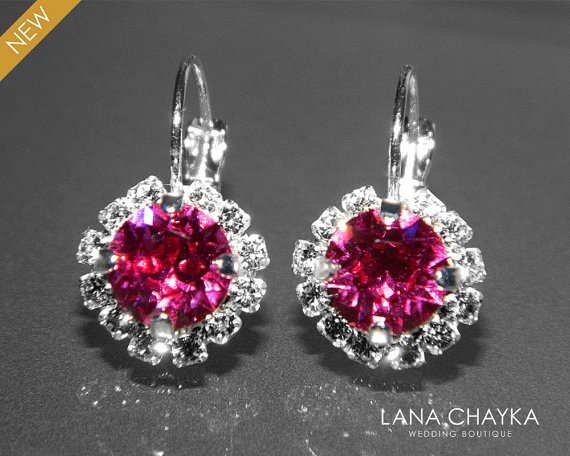 Hochzeit - Fuchsia Halo Crystal Earrings Swarovski Pink Rhinestone Sparkly Earrings Hypoallergenic Leverback Wedding Bridal Jewelry Bridesmaid Jewelry