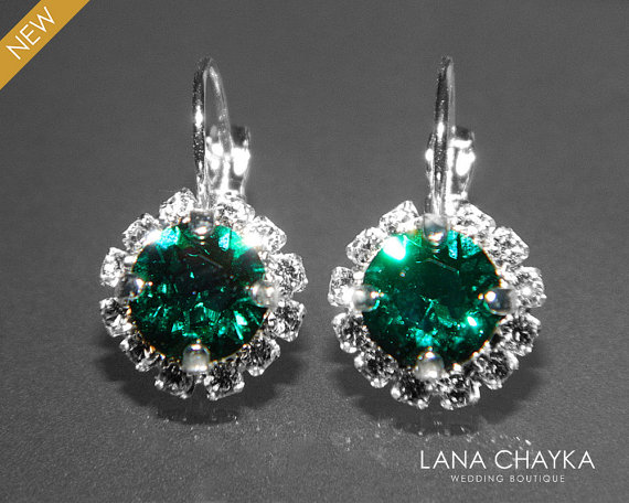 Wedding - Emerald Halo Crystal Earrings Swarovski Green Rhinestone Sparkly Earrings Hypoallergenic Leverback Wedding Bridal Jewelry Bridesmaid Jewelry