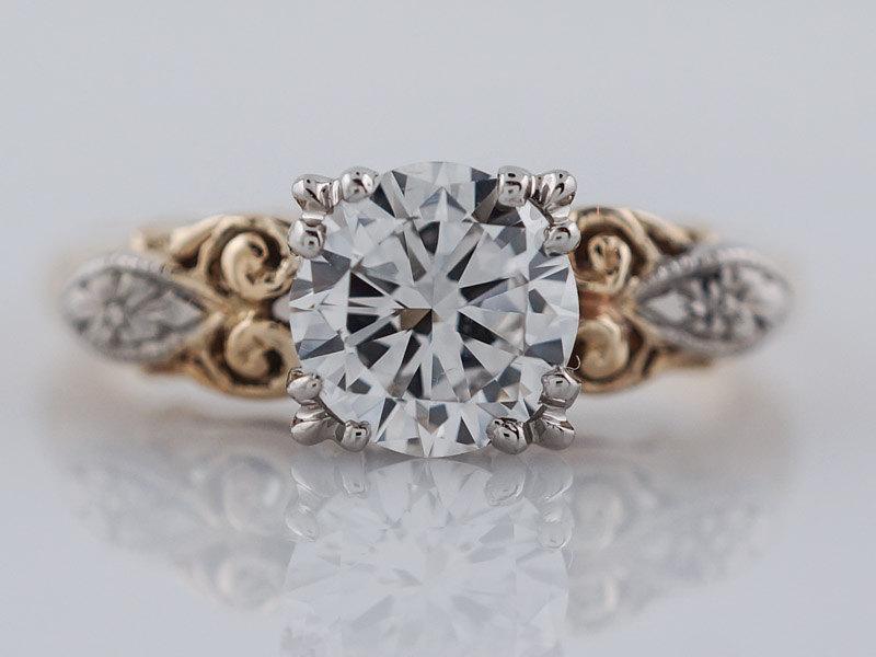 Hochzeit - Vintage Engagement Ring Retro .74ct Round Brilliant Cut Diamond in 14k Yellow & White Gold