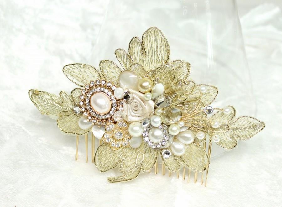 Wedding - Gold Lace Hair Comb-Gold Bridal Hair piece-Gold Lace Bridal Comb-Pearl Bridal Comb- Gold Hair accessories-Vintage Inspired Bridal Hair Comb-