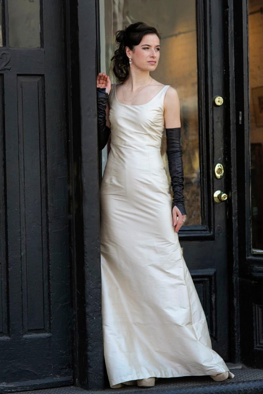 Hochzeit - Champagne Simple Fit-and-Flare Silk Wedding Dress