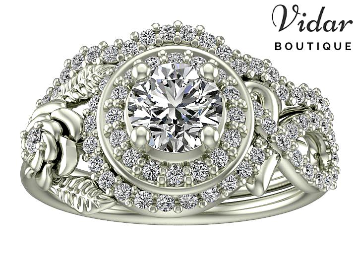 Wedding - Flower Engagement Ring,Wedding Ring Set,Moissanite Engagement Ring,Unique Engagement Ring,Halo Engagement Ring,wedding ring sets,Lotus Leaf