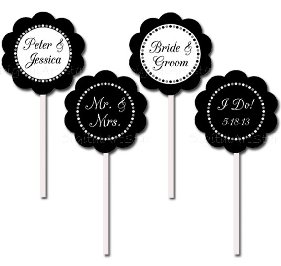 Hochzeit - Black and White Personalized Bridal Cupcake Toppers - Modern Printable DIY Party Decorations - Custom Wedding Colors - Bridal Shower Wedding