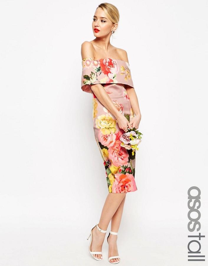زفاف - ASOS TALL WEDDING Bardot Midi Dress in Floral Print