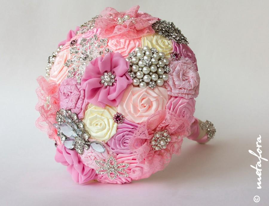 زفاف - SALE!!! Brooch bouquet, Pink Fabric Wedding Bouquet, Unique Fabric Flower Bridal Bouquet