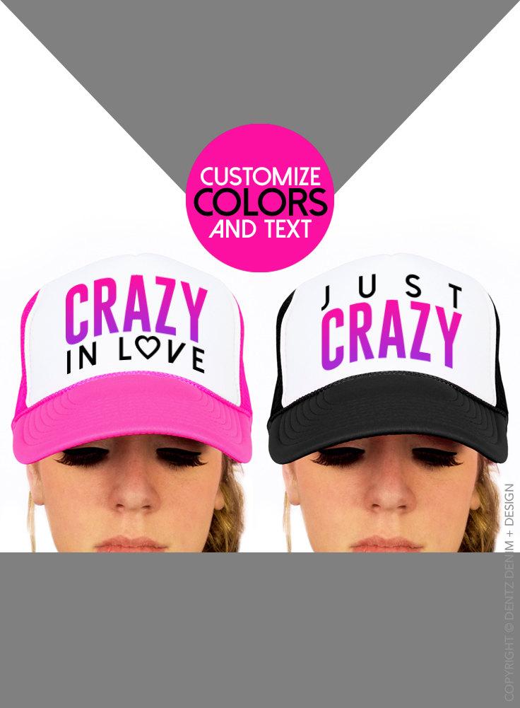 Wedding - Crazy in Love & Just Crazy Custom Bachelorette Party Hats. Personalized Trucker Hats for Bride and Bridesmaids.