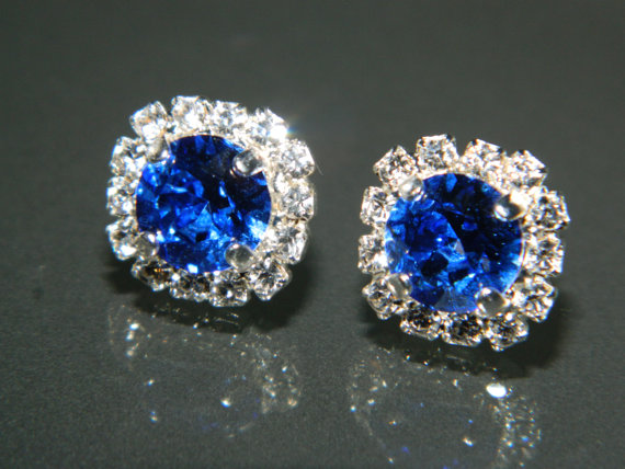 Wedding - Sapphire Crystal Halo Earrings Swarovski 8mm Blue Rhinestone Hypoallergenic Earring Studs Royal Blue Cobalt Silver Bridesmaids Earrings