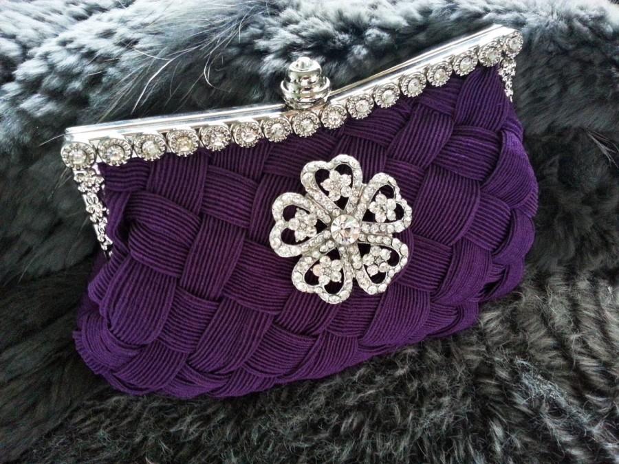 زفاف - Purple Evening Party Clutch - Wedding Bridal Bag - Crystal Rhinestone Flower Brooch  Vintage Style -Woven Satin - Love Bling Bling