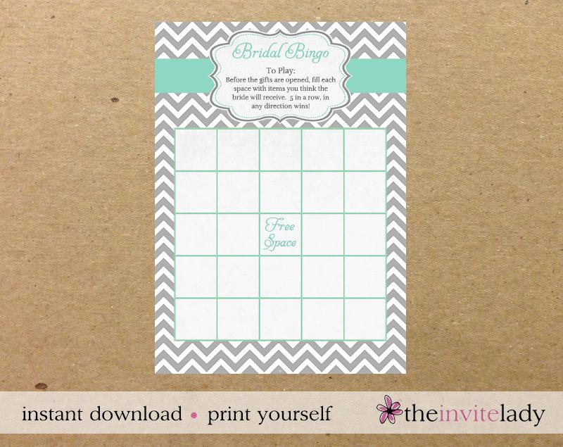 Mariage - Bridal Shower Bingo Downloable Game Card, Stripes of Love Mint, Digital, Print Yourself, JPEG, PDF, Print Ready Files, INSTANT Download