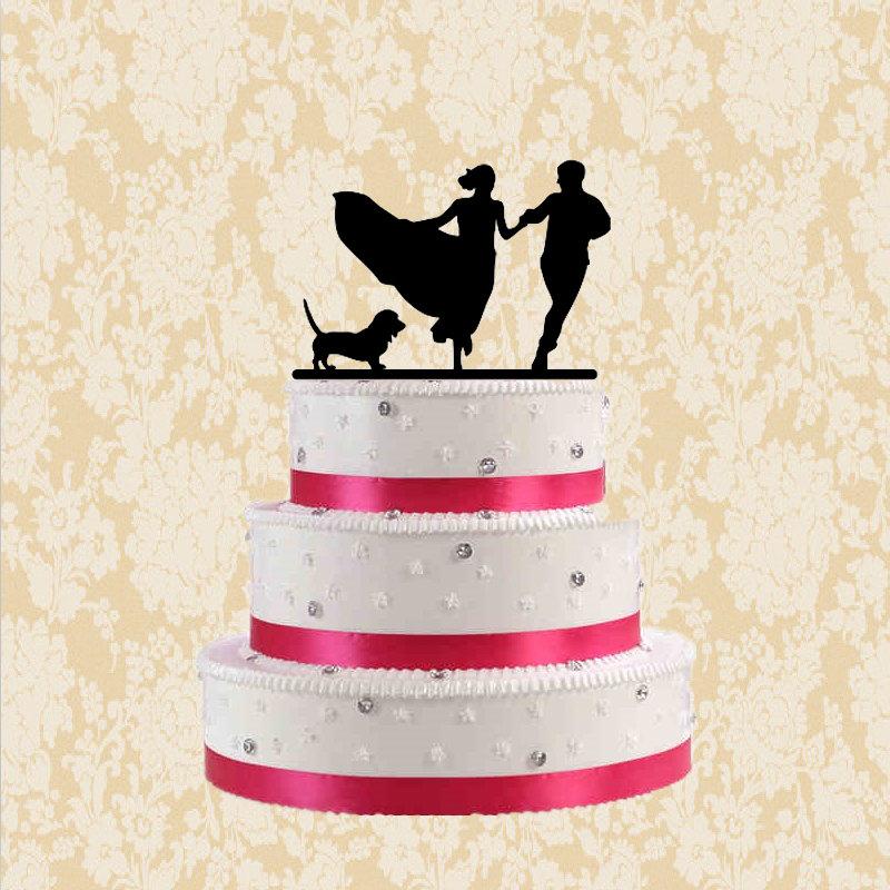 Mariage - Wedding silhouette cake topper with dog-bride and groom cake topper-funny cake toppr with dog-unique cake topper for wedding-modern topper