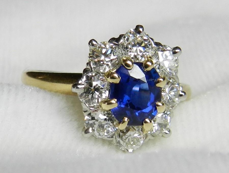 Wedding - Sapphire Ring Blue Sapphire Engagement Ring 1.60 ct tdw Cushion Cut Diamond Halo Engagement Ring Natural Sapphire 14K September Birthstone