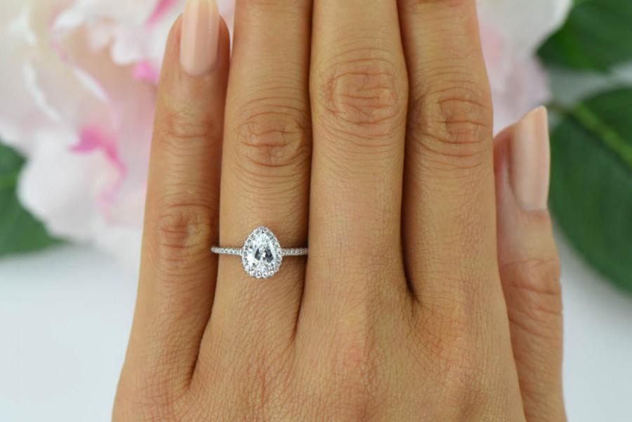 Свадьба - 3/4 ctw Pear Halo Promise Ring, Half Eternity Ring, Man Made Diamond Simulants, Wedding Ring, Sterling Silver, Bridal Ring, Engagement Ring