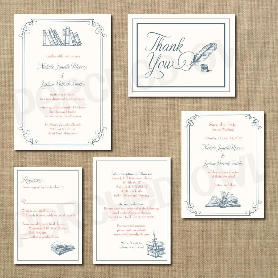 Wedding - Vintage Library Wedding Invitation - RSVP - Enclosure card - Save the Date - Thank you card - Digital File