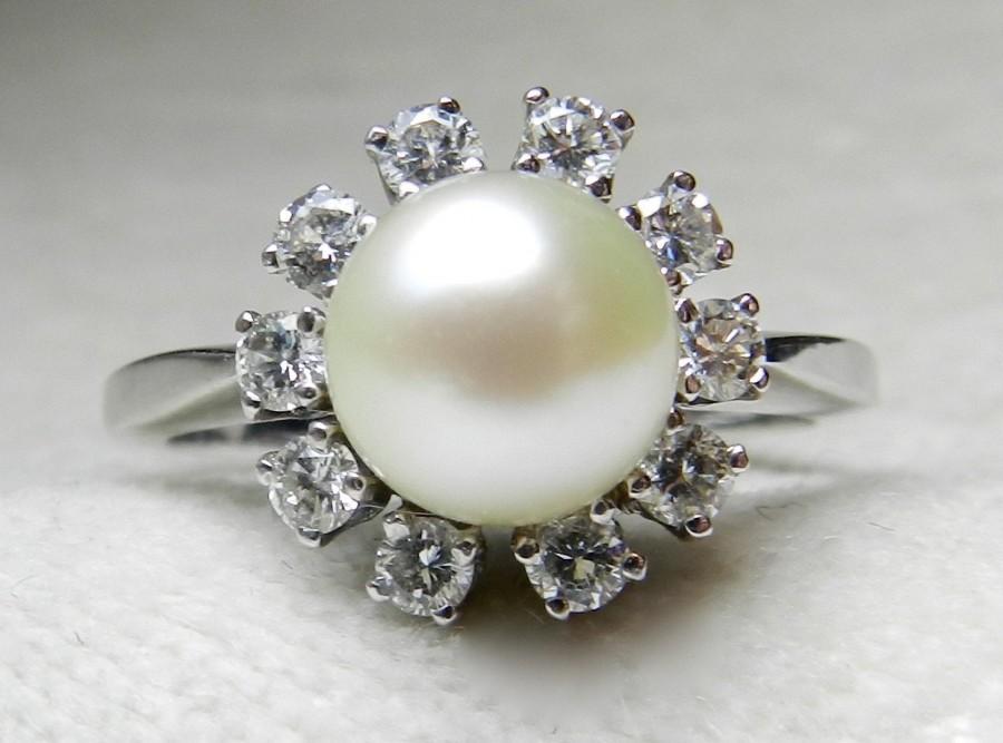 Hochzeit - Vintage Pearl Engagement Ring 8mm Cultured Akoya Pearl 0.33 cttw Diamond Halo Engagement Ring