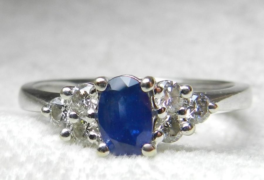زفاف - Sapphire Engagement Ring Vintage Ring 0.60 ct Natural Sapphire 0.20 cttw Diamond Blue Sapphire Ring 10k White Gold Ring September Birthstone