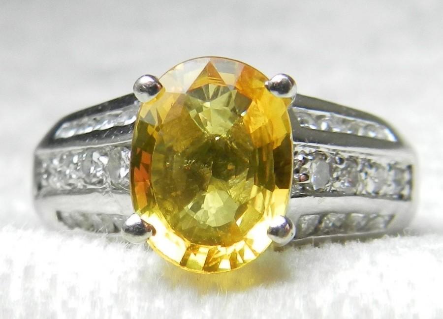 Hochzeit - Yellow Sapphire Ring Platinum Yellow Sapphire Engagement Ring Natural Ceylon 2.0 Ct Sapphire 0.5 cttw Diamond Ring