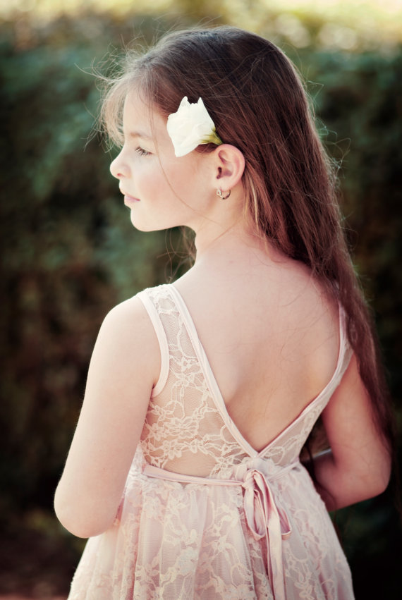Wedding - Blush Lace Flower Girl Dress, Flower Girl Dress V Back, Special Occasion Dress, Wedding Dress