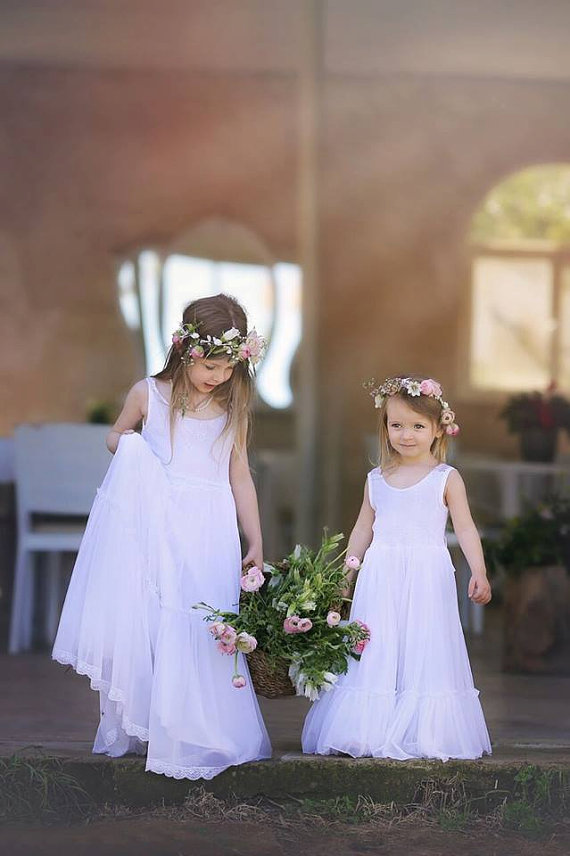 Mariage - Wedding White Lace Flower Girl Dress, Floor Length Lace Flower Girl Dress, Party Dress, Jr. Bridesmaid Dress