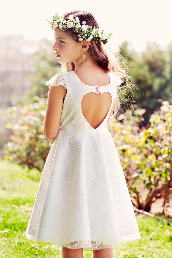 Mariage - Wedding Flower Girl White Lace heart cut out Dress for girls