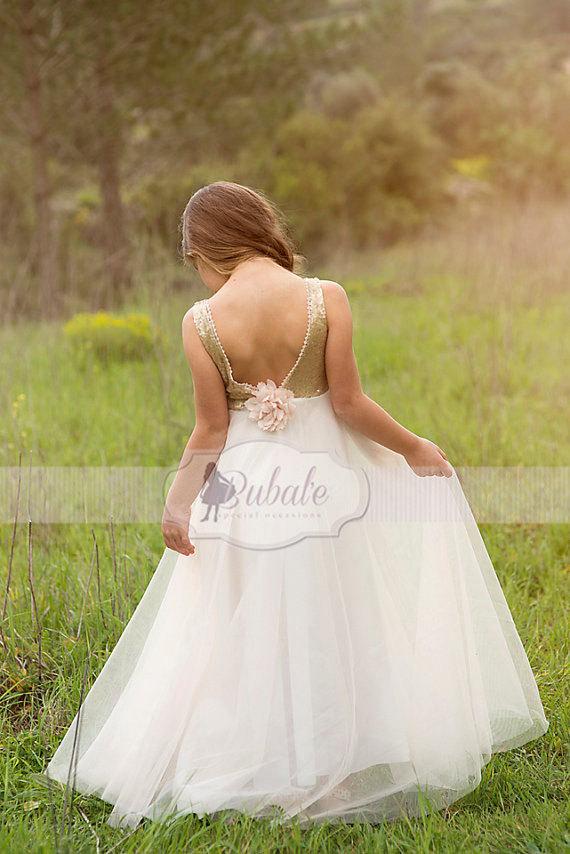 Wedding - Flower Girl dress, Gold Sequin Flower Girl dress With Tulle, Gold Ivory Tulle Flower Girl Dress,Wedding Dress, Ball Gown, Gold glitter