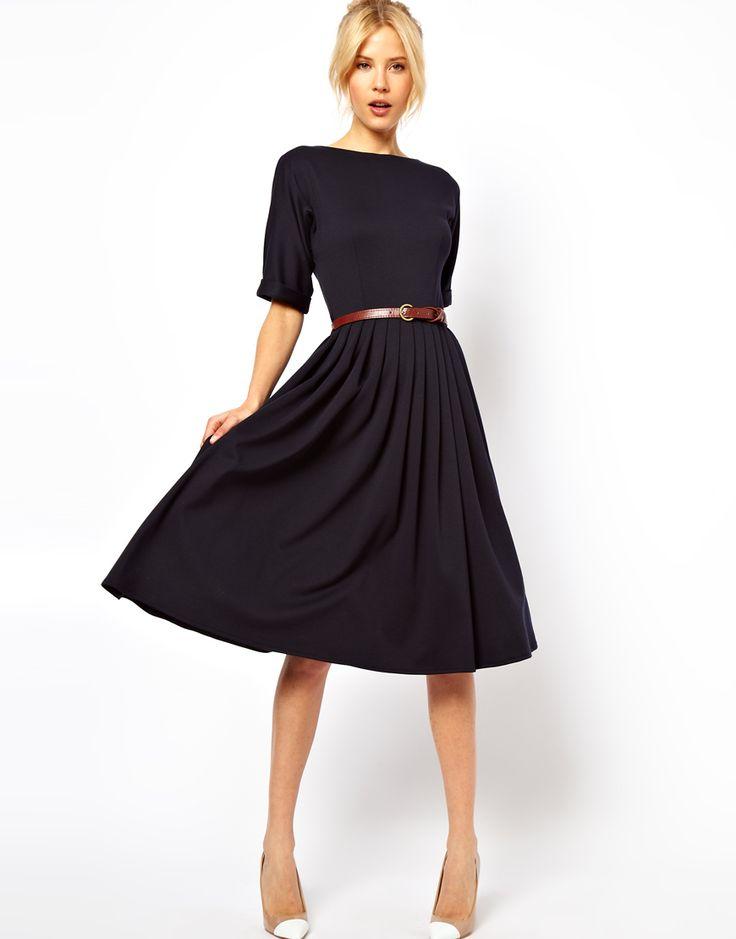 Mariage - Midi Dress With Full Skirt And Belt