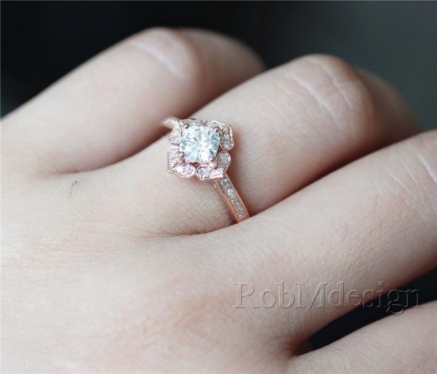 Mariage - 14K Rose Gold Floral Sharp Moissanite Engagement Ring VS 5mm Cushion Cut Moissanite Ring Half Eternity Pave Diamonds Stackable