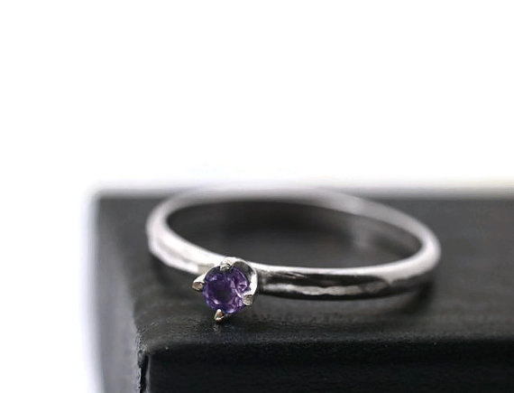 Wedding - Dainty Amethyst Claw Ring, Simple Engagement Ring, Purple Gemstone Ring, Silver Stacking Ring,