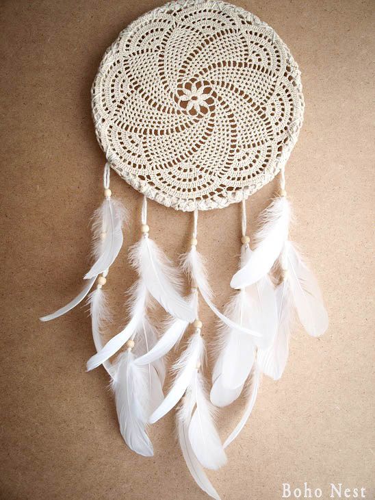 Mariage - Dream Catcher - White Mandala - Unique Dream Catcher With White Handmade Crochet Web And White Feathers - Mobile, Home Decor, Decoration