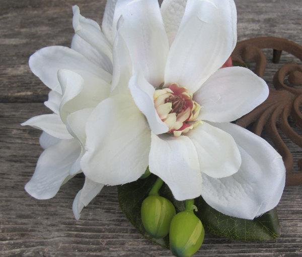 زفاف - White Two Magnolia hair flowers clip - Wedding-