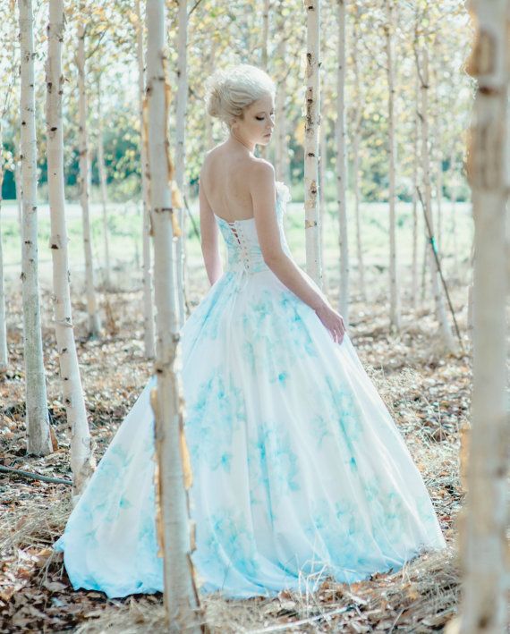 Hochzeit - Floral Wedding Dress Watercolor Romantic, BONAPARTE, Silk Cotton Blue Pink Blush