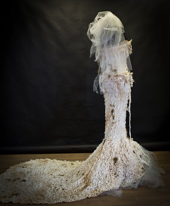 Mariage - Custom Size Ivory Burlesque Zombie Bride Corset Mermaid Style Dress With Long Train And Moss And Veil