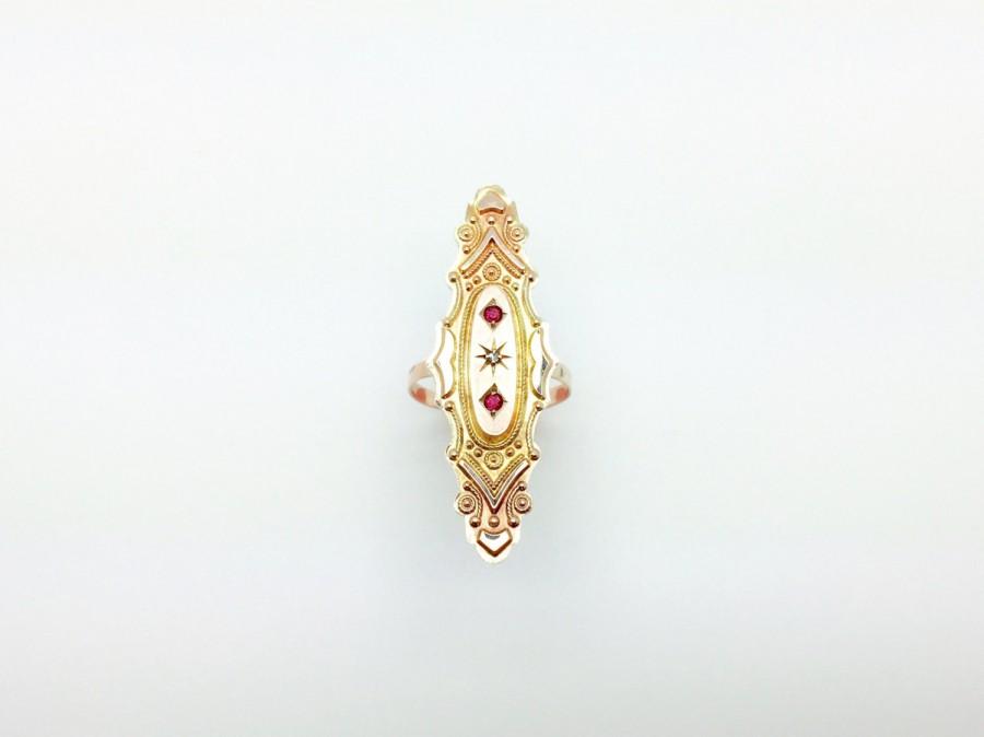 زفاف - reimagined V I N T A G E / Victorian full finger ring / 9ct with diamonds and garnets / size 7