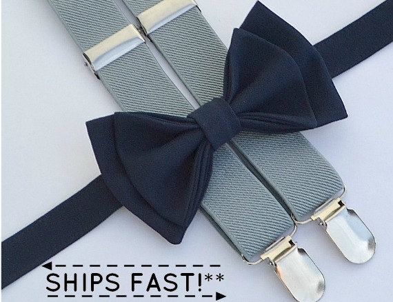 Hochzeit - Navy Bow Tie & Light Grey Suspenders -- Ring Bearer Outfit -- Boys Wedding Outfit