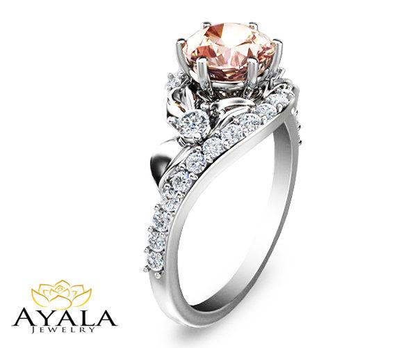 زفاف - 14K White Gold Morganite Ring,Gemstone Engagement ring,Flower Ring,Leaf Ring,Wedding Ring,Promise Ring,Ladys Jewelry,Unique Engagment Ring.