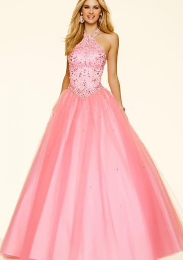 Hochzeit - Crystals Nude Floor Length Halter Sleeveless Lace Up Tulle Pink Ball Gown