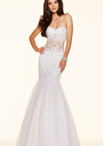 Mariage - Sweetheart Nude Appliques Beading White Tulle Floor Length Mermaid
