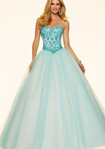 Hochzeit - Floor Length Blue Sleeveless Lace Up White Tulle Beading Sweetheart Ball Gown