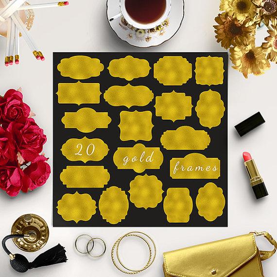 Mariage - BUY5FOR8 Gold Frames Clipart Gold Tags Shiny DIY Borders Wedding Frame Clip Art Name Badges Tag Clipart Gold Borders Foil Frames Download