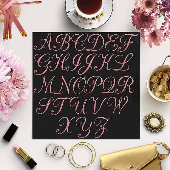Wedding - Pink Foil Alphabet Clipart, Gold Letters Clip Art, Rose Pink Letters, Elegant Font, Hand Letters, BUY 5 FOR 8