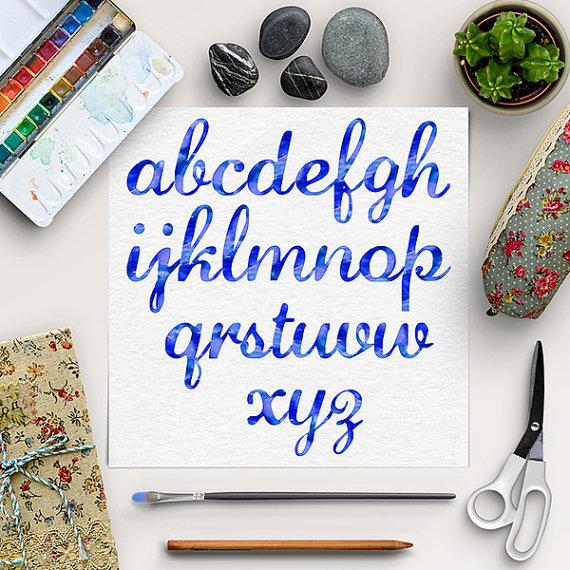 زفاف - BUY5FOR8, Watercolor Alphabet, Blue Font Clip Art, Hand Paint Letters, Watercolor Clipart, Lower Case Letters
